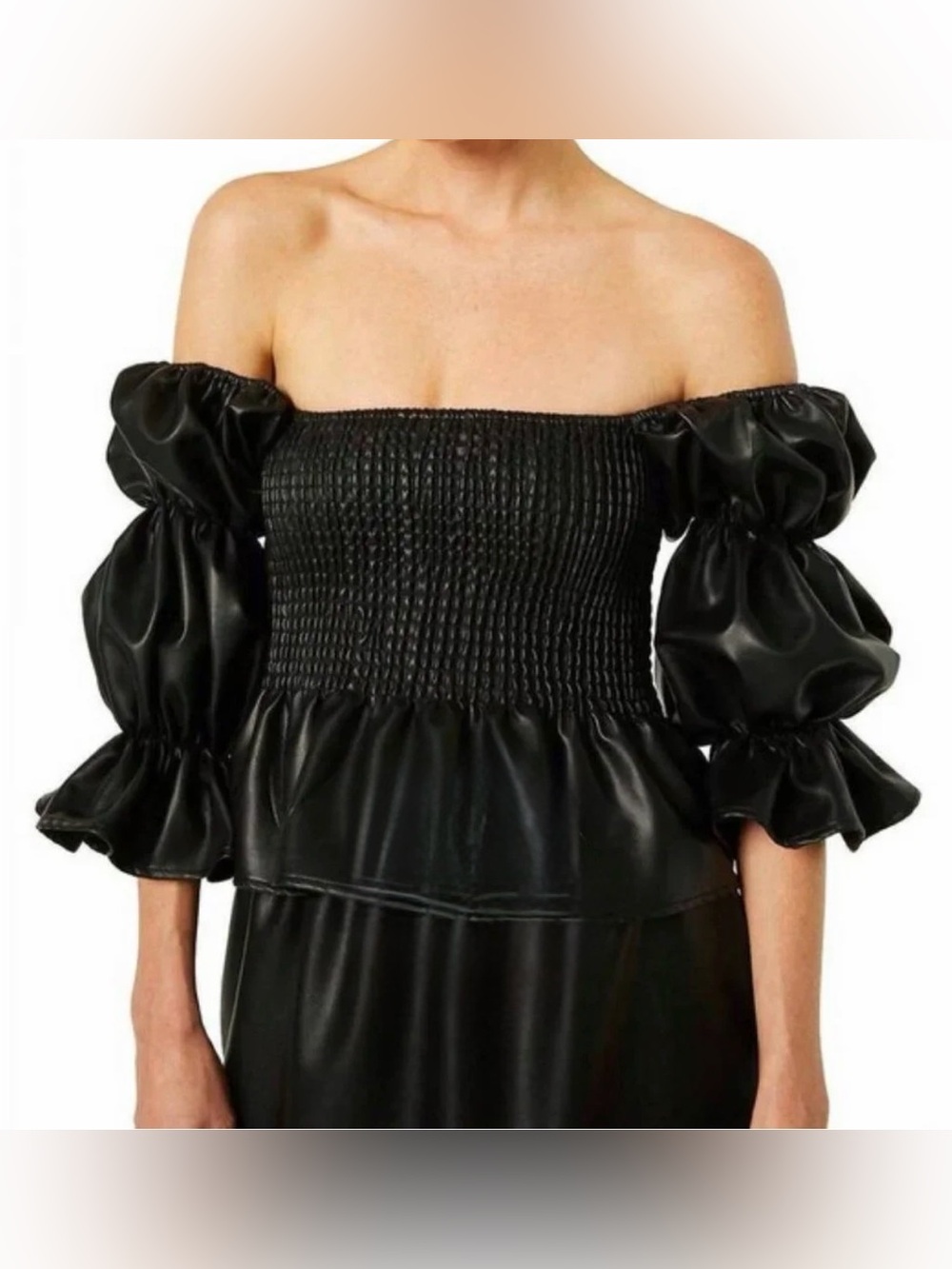 MISA Los Angeles Black Off-Shoulder Vegan Leather Puff Sleeve Top
